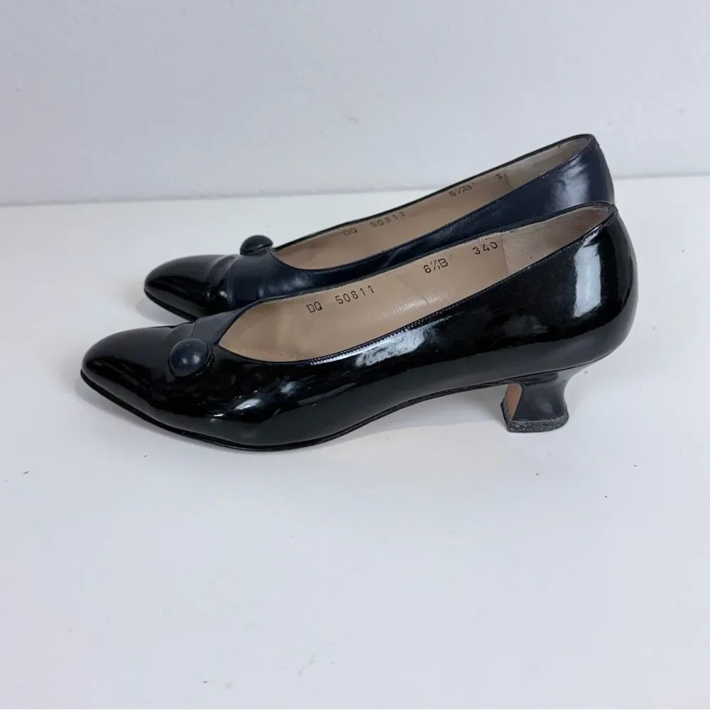 Salvatore Ferragamo Vintage Navy Black Patent Leather Kitten Heels 6.5 IOB